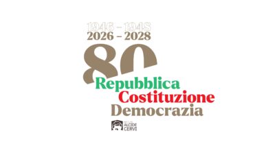 La grafica realizzata per la promozione delle iniziative. Il testo riporta: 1946-1948, 2026-2028. 80, Repubblica, Costituzione, Democrazia.