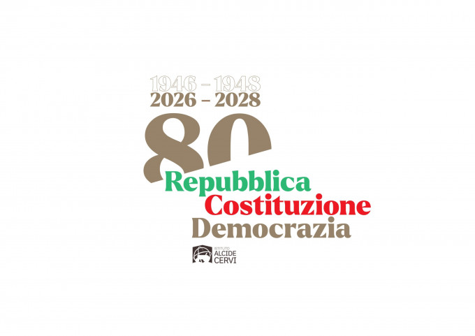 La grafica realizzata per la promozione delle iniziative. Il testo riporta: 1946-1948, 2026-2028. 80, Repubblica, Costituzione, Democrazia.