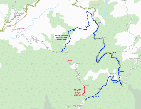 La planimetria della deviazione. Chiusa parte della SP 91 i mezzi potranno transitare per la SP 18 passando per Ligonchio.