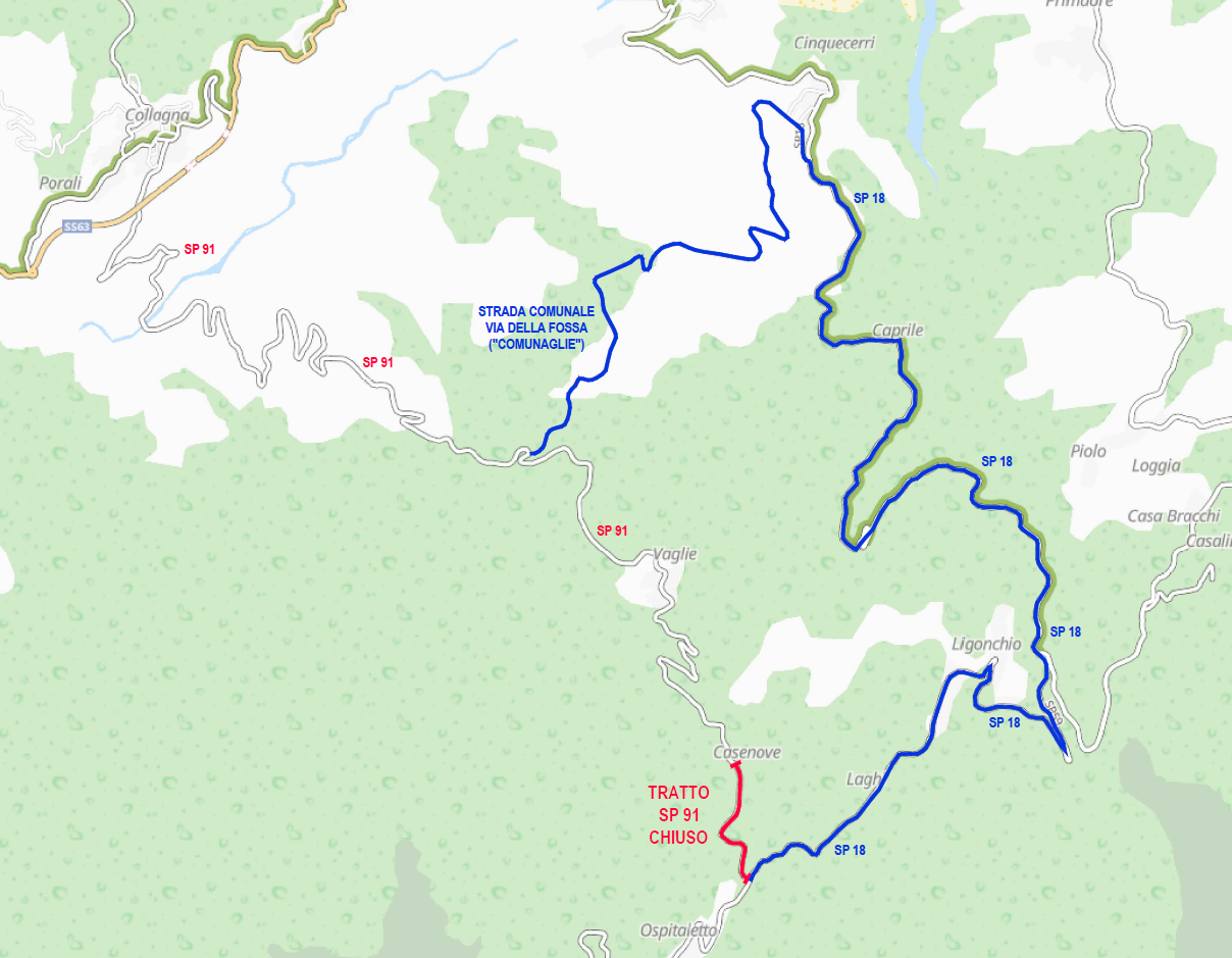 La planimetria della deviazione. Chiusa parte della SP 91 i mezzi potranno transitare per la SP 18 passando per Ligonchio.