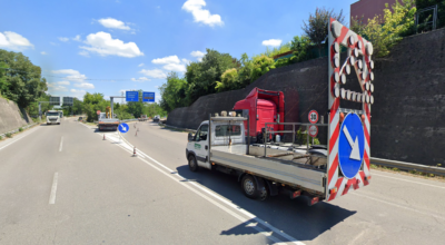 Cantiere stradale sugli svincoli di Villalunga durante il primo stralcio dei lavori, luglio 2024.