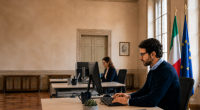 Due persone al lavoro al computer in un ufficio istituzionale, con bandiere sullo sfondo.