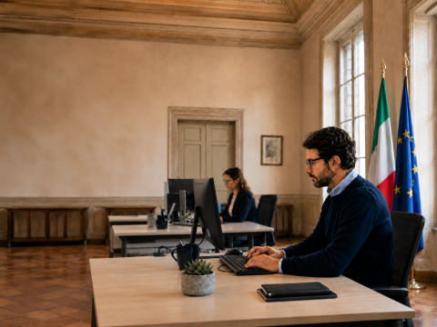 Due persone al lavoro al computer in un ufficio istituzionale, con bandiere sullo sfondo.