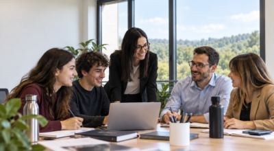 Immagine generata con intelligenza artificiale: cinque persone riunite attorno a un tavolo di lavoro con computer e documenti in un ufficio.