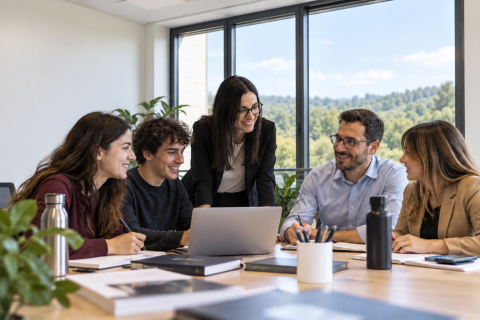 Immagine generata con intelligenza artificiale: cinque persone riunite attorno a un tavolo di lavoro con computer e documenti in un ufficio.