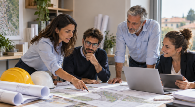 Quattro professionisti tecnici esaminano insieme planimetrie e progetti su un tavolo, con computer portatile e caschi da cantiere. Immagine generata con AI.