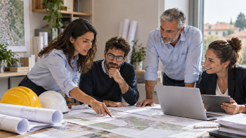 Quattro professionisti tecnici esaminano insieme planimetrie e progetti su un tavolo, con computer portatile e caschi da cantiere. Immagine generata con AI.